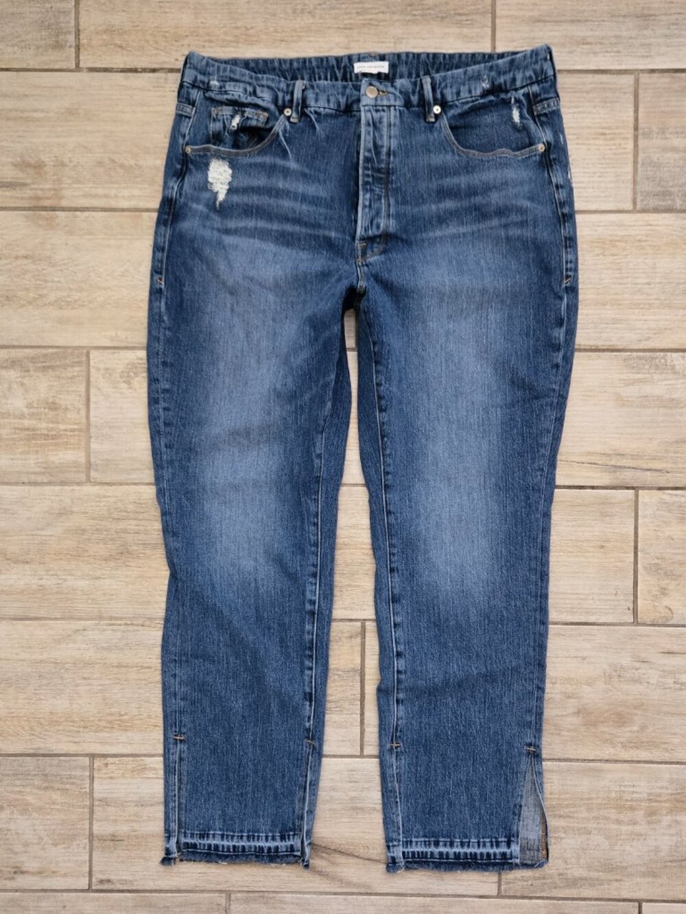 Good American Good Boy Distressed High Rise Jeans Womens Double Slit Ankle 16